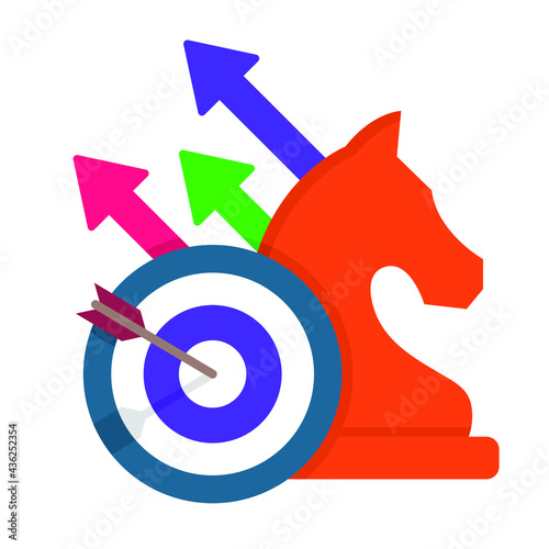 Strategy Vector Icon. Transparency and accountability. Chess horse with Target arrow and target and darts and different destinations arrows and share market icon with  colorful arrows