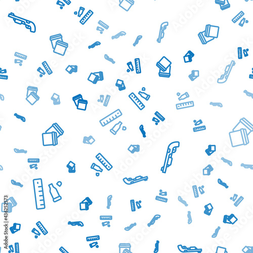 Set line Bullet casing with ruler, Police shotgun and Plastic bag ziplock on seamless pattern. Vector