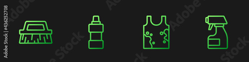 Set line Dirty t-shirt, Brush for cleaning, Bottle agent and Cleaning spray bottle. Gradient color icons. Vector