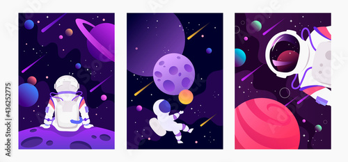 Set of dark space banners. Astronaut in space. Planets of the solar system. Space travel and exploration. Set of cartoon vector templates for  cards, flyers, brochures.