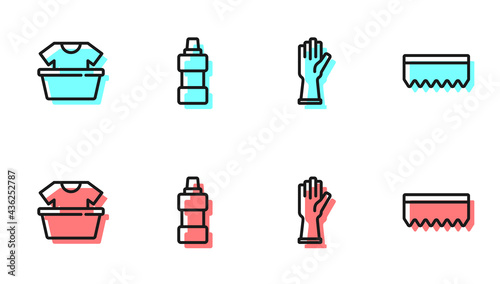 Set line Rubber gloves, Basin with shirt, Bottle for cleaning agent and Sponge icon. Vector