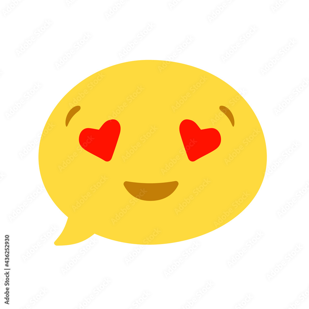 Vector round isolated emoticon on a white background, enamored, eyes with hearts. A symbol of joy, love, happiness. Popular chat elements. Fashionable, flat, cartoon. Dialogue bubble, cute dialog box.