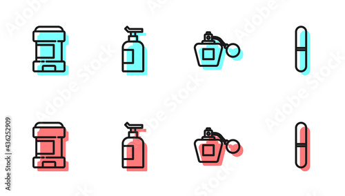 Set line Perfume, Antiperspirant deodorant roll, Cream lotion cosmetic tube and Nail file icon. Vector