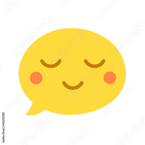 Vector round isolated emoticon on a white background. A symbol of peace, poise, happiness. Popular chat element. Fashionable, flat, cartoonish. Dialogue bubble, cute dialog. Closed eyes, calm smile.
