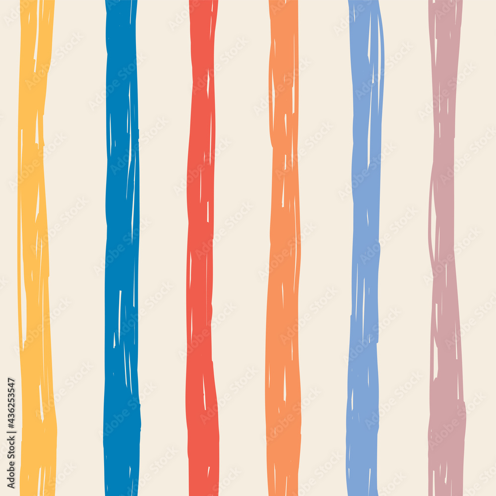 Fototapeta premium Seamless strip hand drawn pattern. Vertical lines in doodle style. Childish wrapping background. Light, blue, yellow, orange, rose, pastel colors on white. Vector illustration