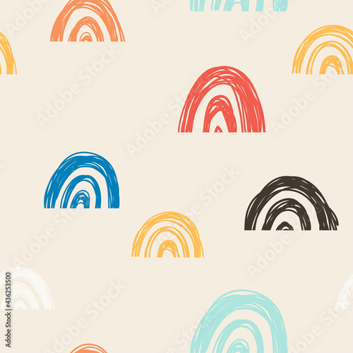 Cute geometric pattern. Hand drawn rainbow doodle vector seamless background in bright colors. Summer design.