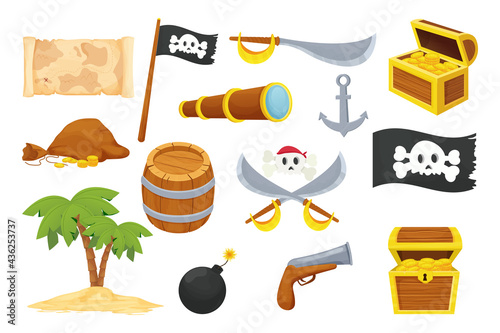 Pirate set with funny skull, wooden treasure chest, barrel, weapon, black flag and map in cartoon style isolated on white background. Caribbean elements, adventure collection. Treasure search. . Vecto