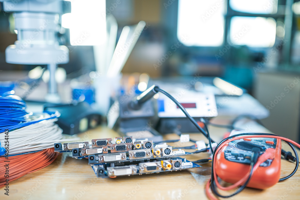 Modern microscope, electronic components in a scientific laboratory Modern microscope, electronic components in a scientific laboratory