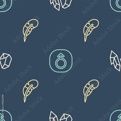 Set line Magic stone, Feather pen and Mars on seamless pattern. Vector