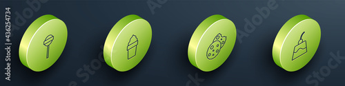 Set Isometric line Lollipop, Ice cream in waffle cone, Cookie or biscuit and Pudding custard icon. Vector