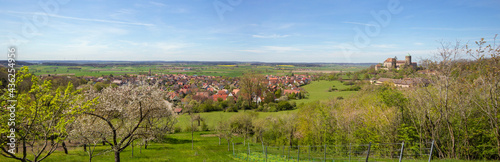 Aerial Panorama of the City of Colmberg with the castle, from a hill, with spring trees, Franconian Heights, Bavaria, South Germany
