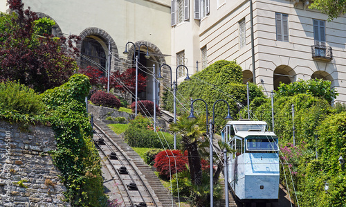 Bergamo, Italy. The red funicular connects the new city with the old one for more 120 years. It moves through the Venetian Walls an Unesco World Heritage