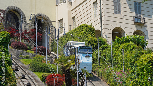 Bergamo, Italy. The red funicular connects the new city with the old one for more 120 years. It moves through the Venetian Walls an Unesco World Heritage