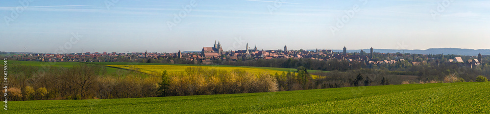 Panorama of the City of Rothenburg ob der Tauber, from a springtime hill in the southeast, in Bavaria, South Germany