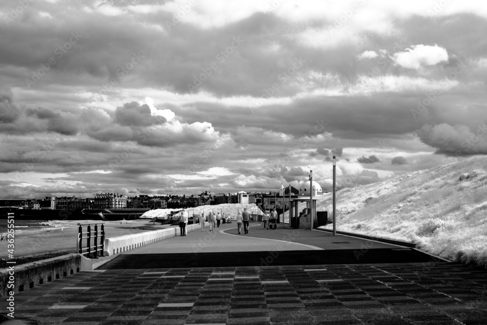 Whitley Bay promenade in greyscale infrared light