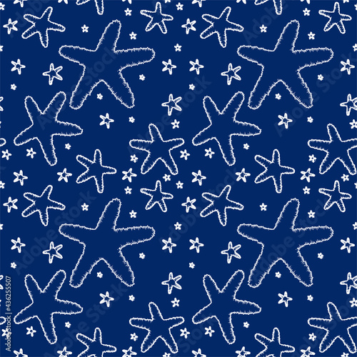 marine vector pattern with starfish silhouettes on a dark blue background