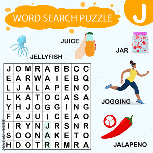 Vector educational game for kids. A puzzle for finding words starting with the letter J