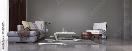 Modern interior of a living room. Loft with concrete walls and floor, 3D Rendering