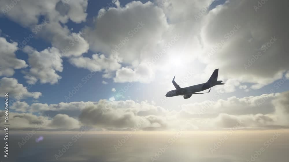 Plane flying away as seen from below and behind. Silhouette of a commercial - cargo airplane over the ocean going through the clouds gaining altitude