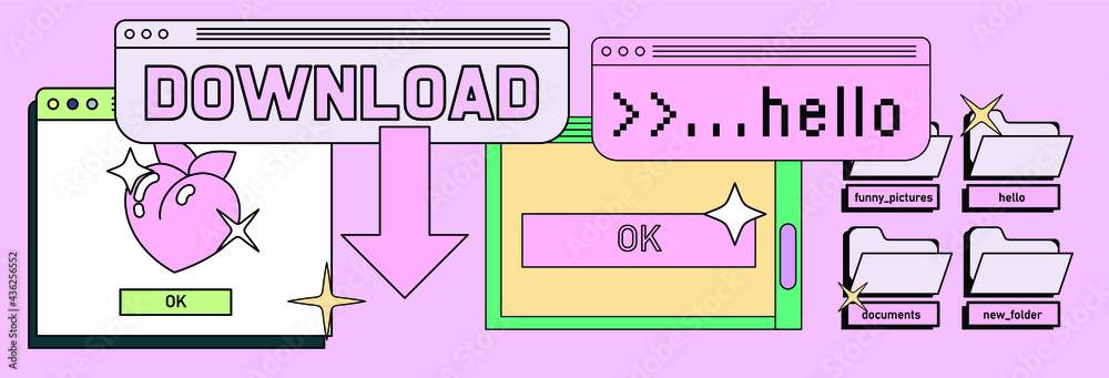 Retro style desktop with message boxes, terminal console window and user interface elements.