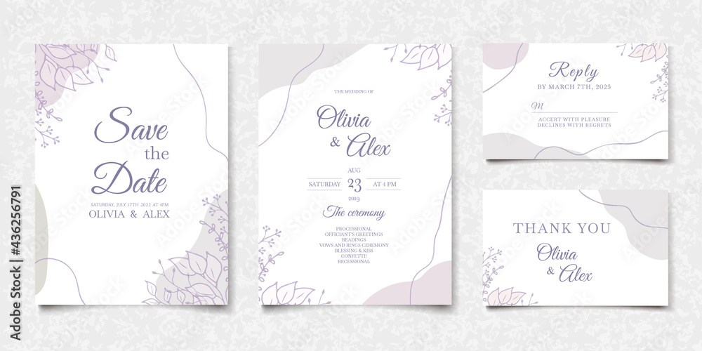 Set of abstract wedding invitation cards in modern design. Wedding invite floral elegant template in pastel colors on white background