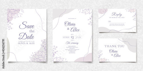 Set of abstract wedding invitation cards in modern design. Wedding invite floral elegant template in pastel colors on white background
