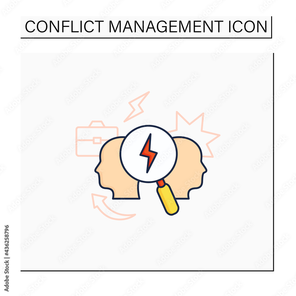 Obraz premium Conflict analysis color icon. Search conflict causes. Dispute between colleagues. Disagreement at work. Misunderstanding concept. Isolated vector illustration