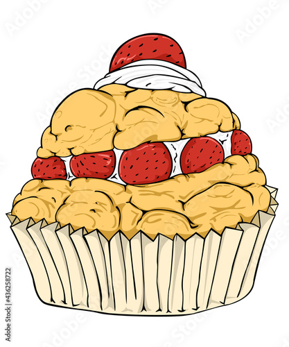 Strawberry cream puffs. Homemade bakery and strawberry cream cake. vector and illustration. isolated and white background.