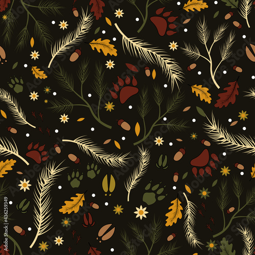 Canvas Print Magical Forest Pattern with Wild Animals Paws and forest plants