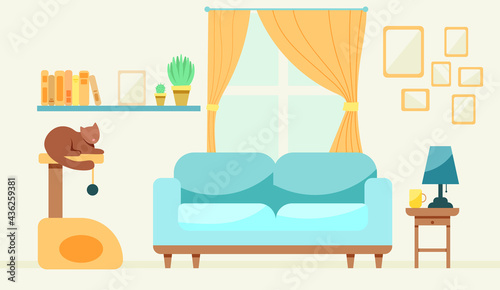 cozy living room. The cat sleeps in the house, sofa and window.