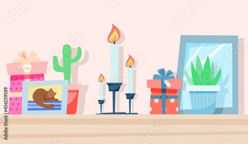 Gifts for the holiday. cozy shelf. vector illustration in flat style