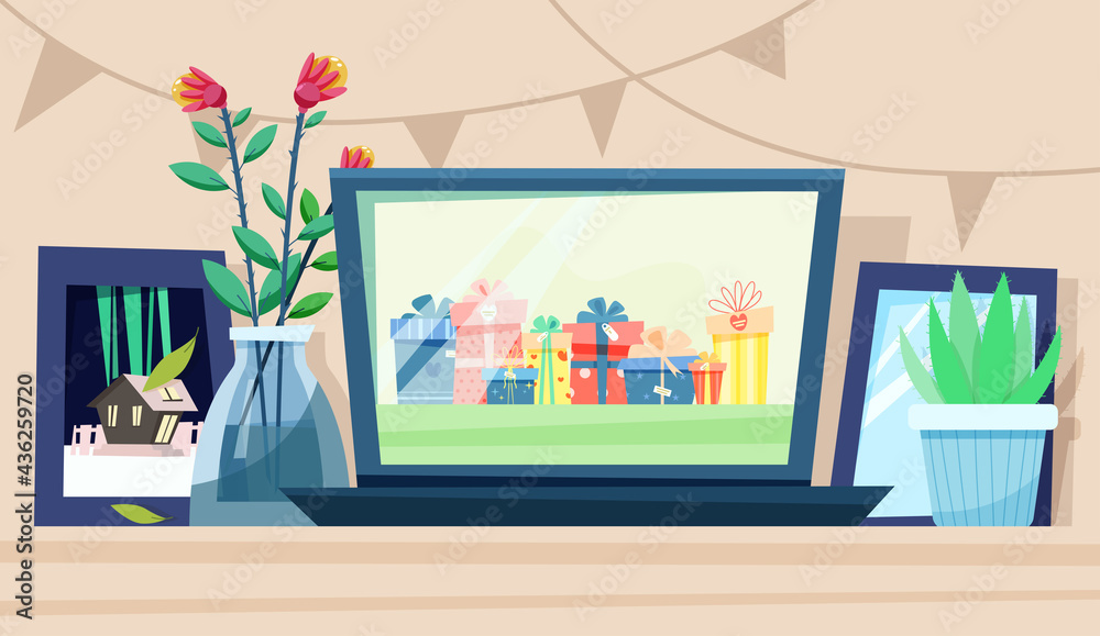 Fototapeta premium party online. Screen with gifts. Festive conference. Vector illustration in flat style
