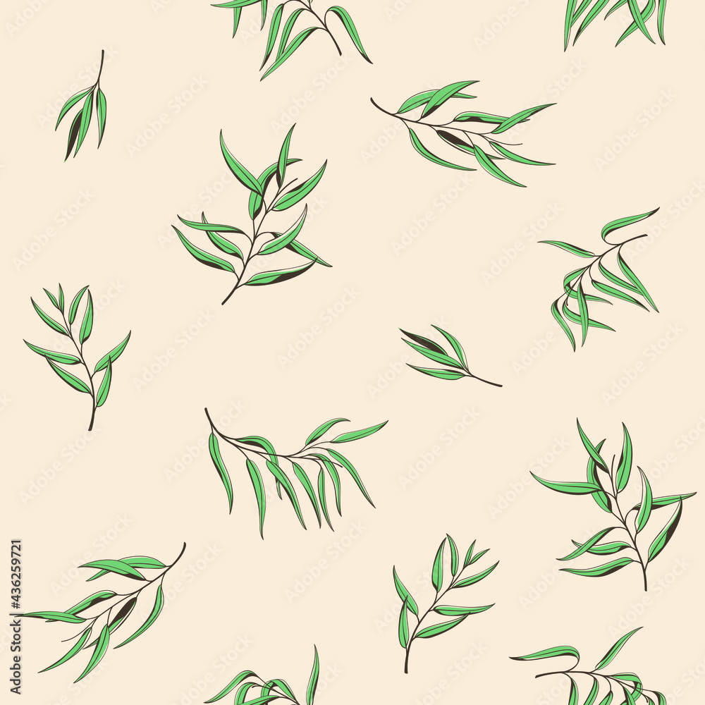 Branch of eucalyptus. Trendy pattern with twig. Vector contour illustration. Branch of eucalyptus. Trendy pattern with twig. Vector contour illustration.