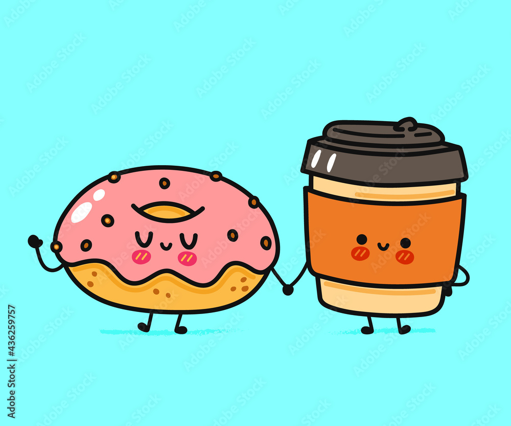 Fototapeta premium Cute, funny happy donut and coffee paper cup character. Vector hand drawn cartoon kawaii characters, illustration icon. Funny cartoon donut, coffee paper cup mascot character concept