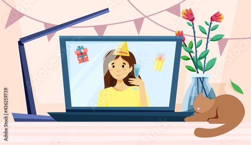 party online. Congratulation screen. online holiday concept. Vector illustration in flat style