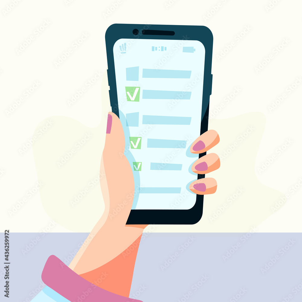 to-do list on the screen. hand holds the phone. Vector illustration in flat style to-do list on the screen. hand holds the phone. Vector illustration in flat style