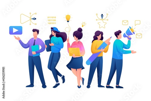 Team of young creative people, designer, programmer, motion designer. Flat 2D Web design