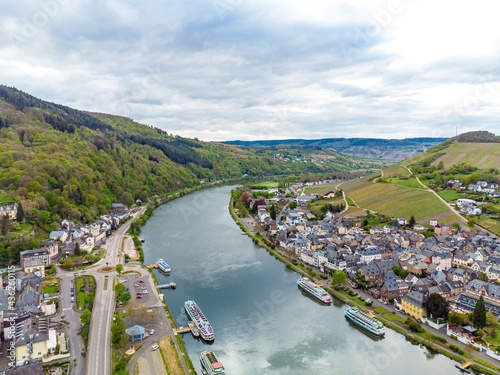 Aerial Panorama view on Traben-Trarbach. Beautiful historical town on the loop of romantic Moselle, Mosel  river. Rhineland-Palatinate, Germany, between Trier and Koblenz photo