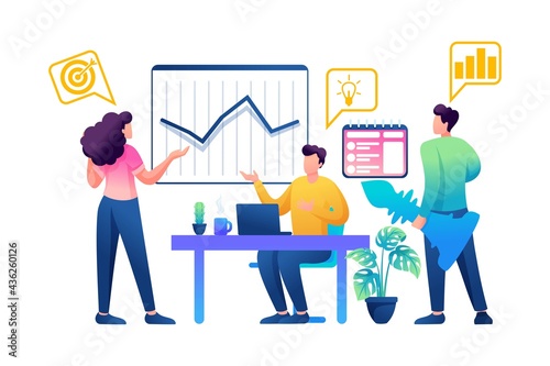 Creating and developing a business idea by a creative team. Flat 2D Web design