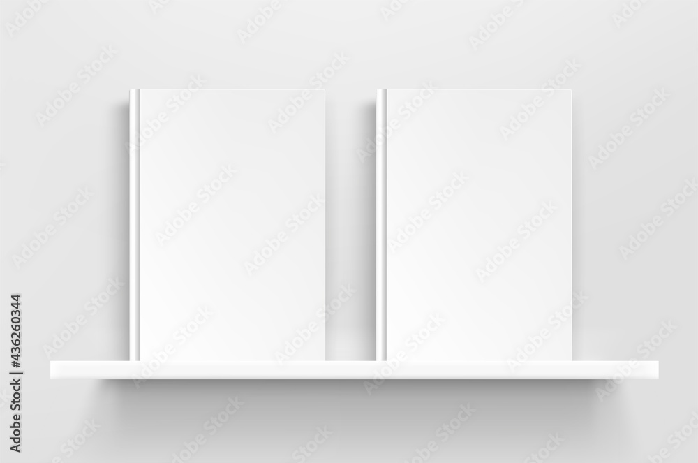 White book on white shelf. 3d style realistic vector mock up White book on white shelf. 3d style realistic vector mock up