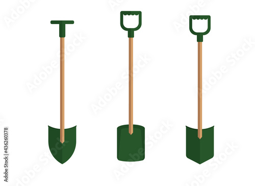 Illustration of several types of shovels. Garden tools