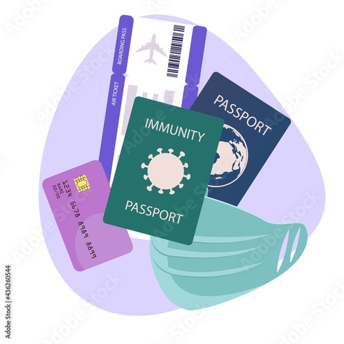 Concepts of reopening travel in new normal, virus pandemic. Illustration of airplane, passport, digital vaccine passport