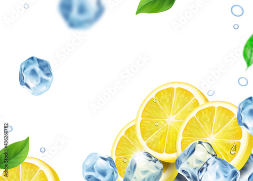 Lemon and ice cubes. Lemon slices in Frozen realisitc water cubes on transparent background