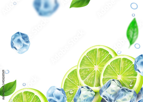 Lime and ice cubes background. Mojito cocktail ads with lime slice falling in ice on white or transparent background