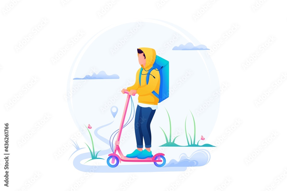 Young Guy Courier, Delivery Of Goods On An Electric Scooter. Fast Delivery. Flat 2D Web Design