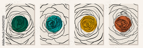 Creative minimalist hand painted Abstract art background with watercolor stain and Hand Drawn doodle rose outline. Design for wall decoration, postcard, poster or brochure