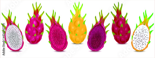 Illustration set of various dragon fruits different colors. Ripe Dragon fruit or Pitaya isolated on white background. Pitahaya is summer tropical fruits for healthy concept. 