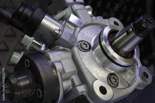 Close-up of a new original high-quality fuel injection pump. Selected focus.