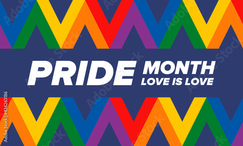 LGBTQIA Pride Month in June. Lesbian Gay Bisexual Transgender. Celebrated annual. LGBT flag. Rainbow love concept. Human rights and tolerance. Poster, card, banner and background. Vector illustration