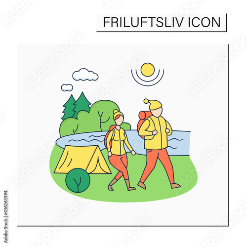 Friluftsliv color icon. Family hiking. Man and woman walking near river. Camping. Nice weather. Nature landscape. Nordic outdoor activities concept.Isolated vector illustration